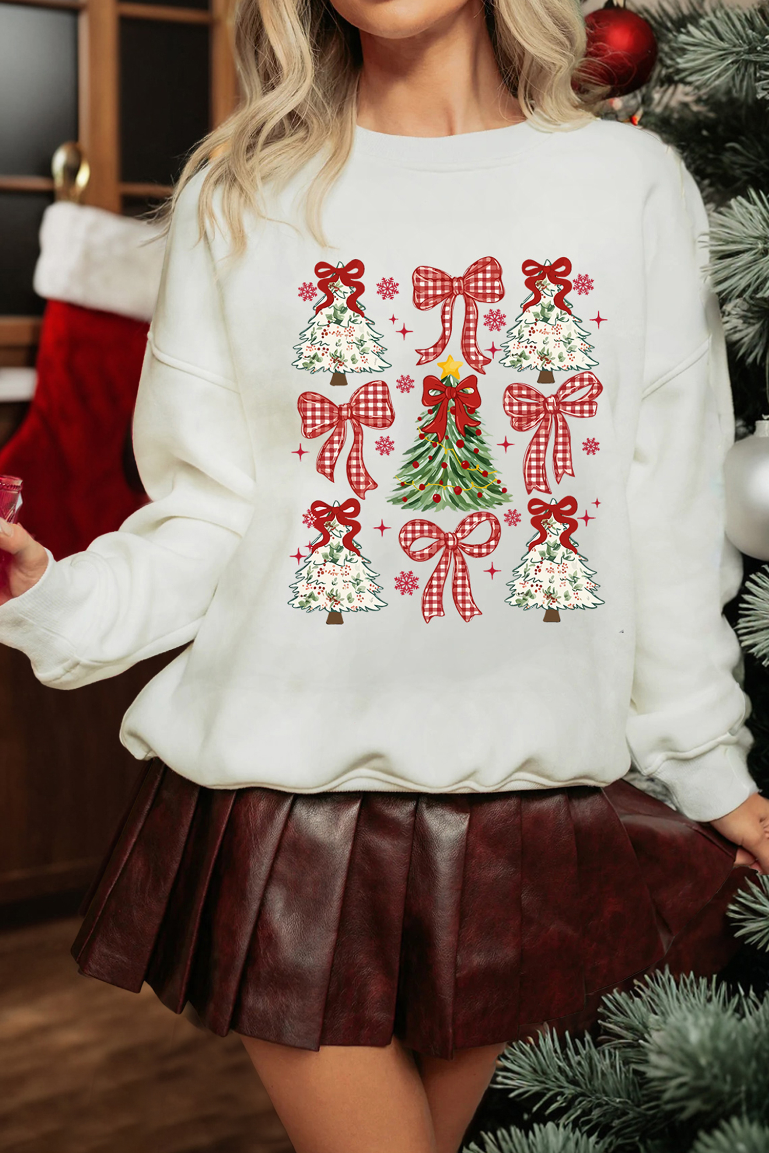 White Christmas Tree Ribbon Bow Printed Drop Shoulder Sweatshirt - loveforevers