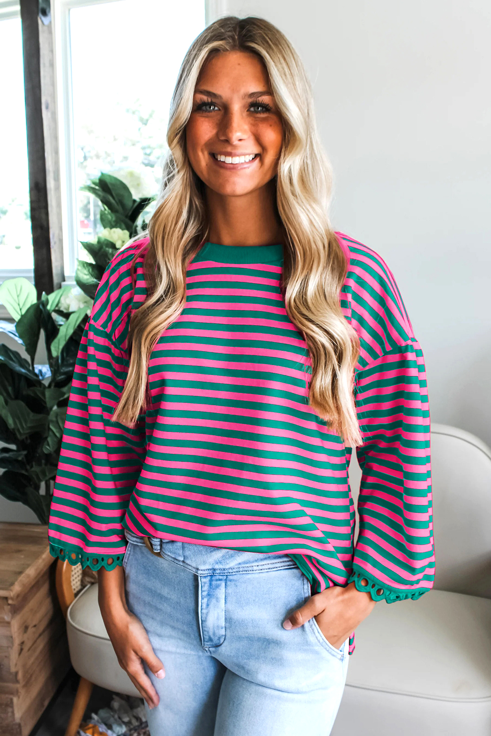 Racing Red Striped Print Drop Shoulder Lace Trim Bracelet Sleeve Loose Top - loveforevers