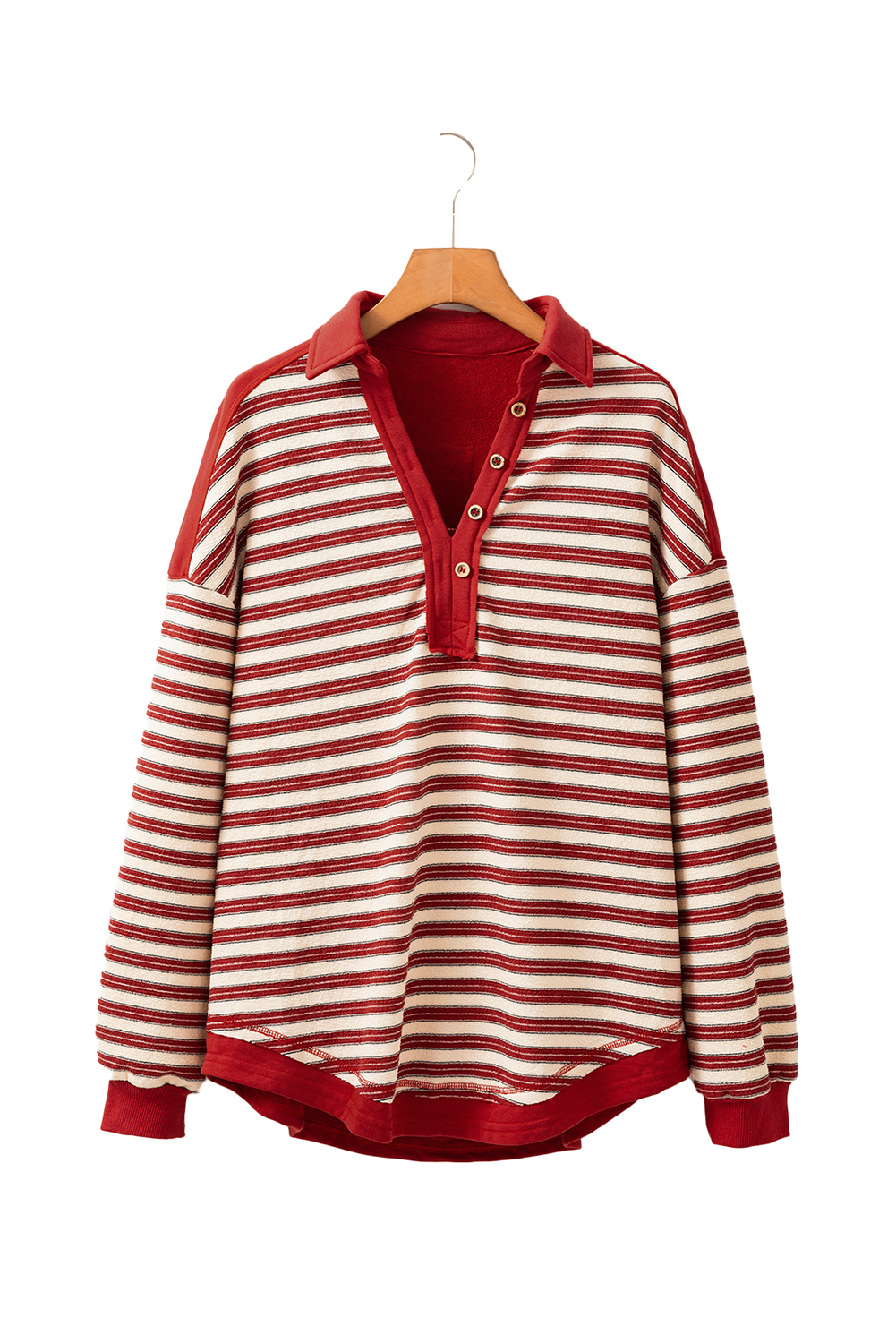 Red Stripe Buttoned V Neck Collared Drop Shoulder Top - loveforevers