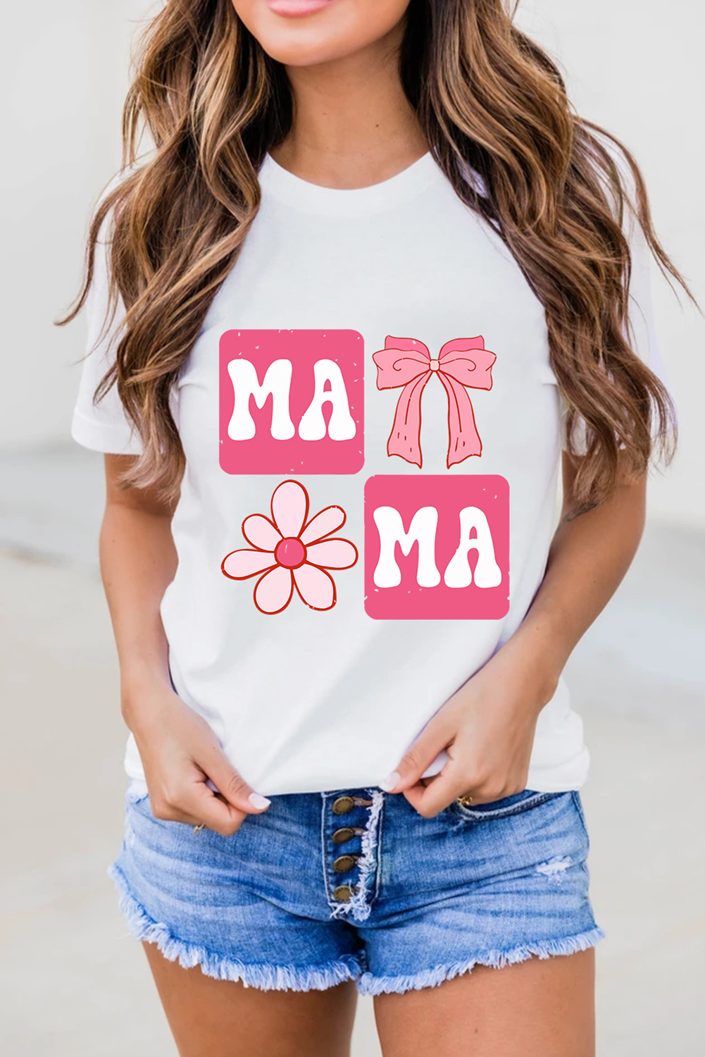 White MAMA Bow Flower Print Crewneck T Shirt - loveforevers