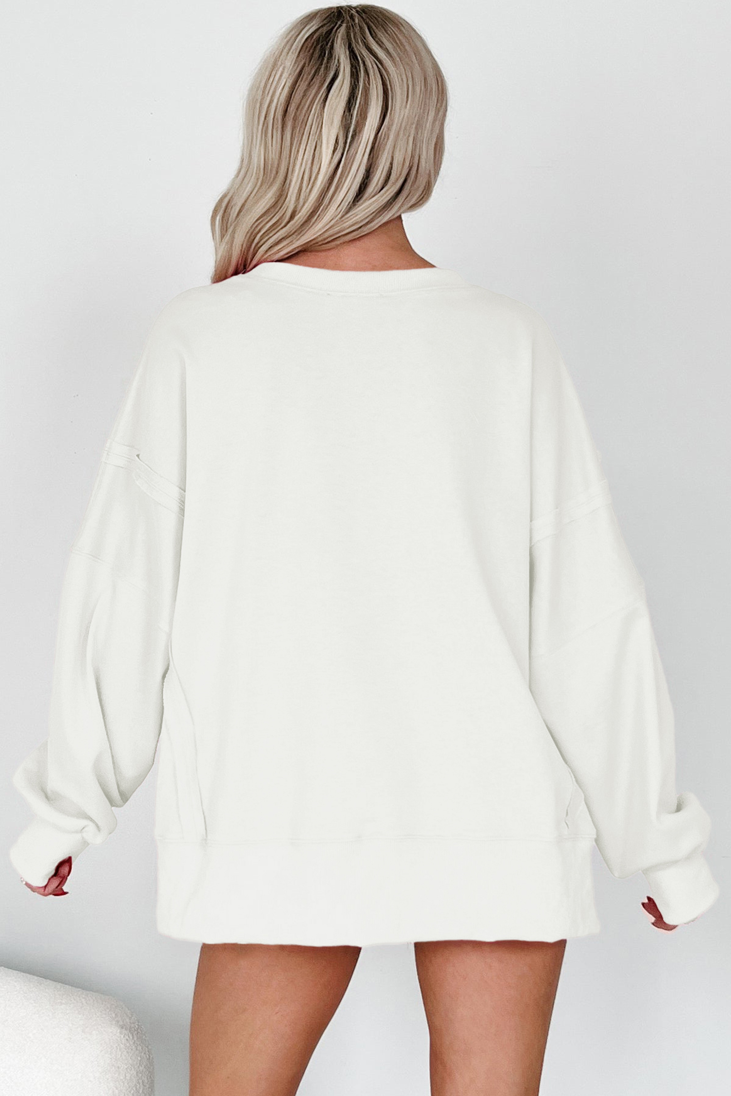 White Bow Sequin XOXO Letter Graphic Exposed Seam Baggy Sweatshirt - loveforevers
