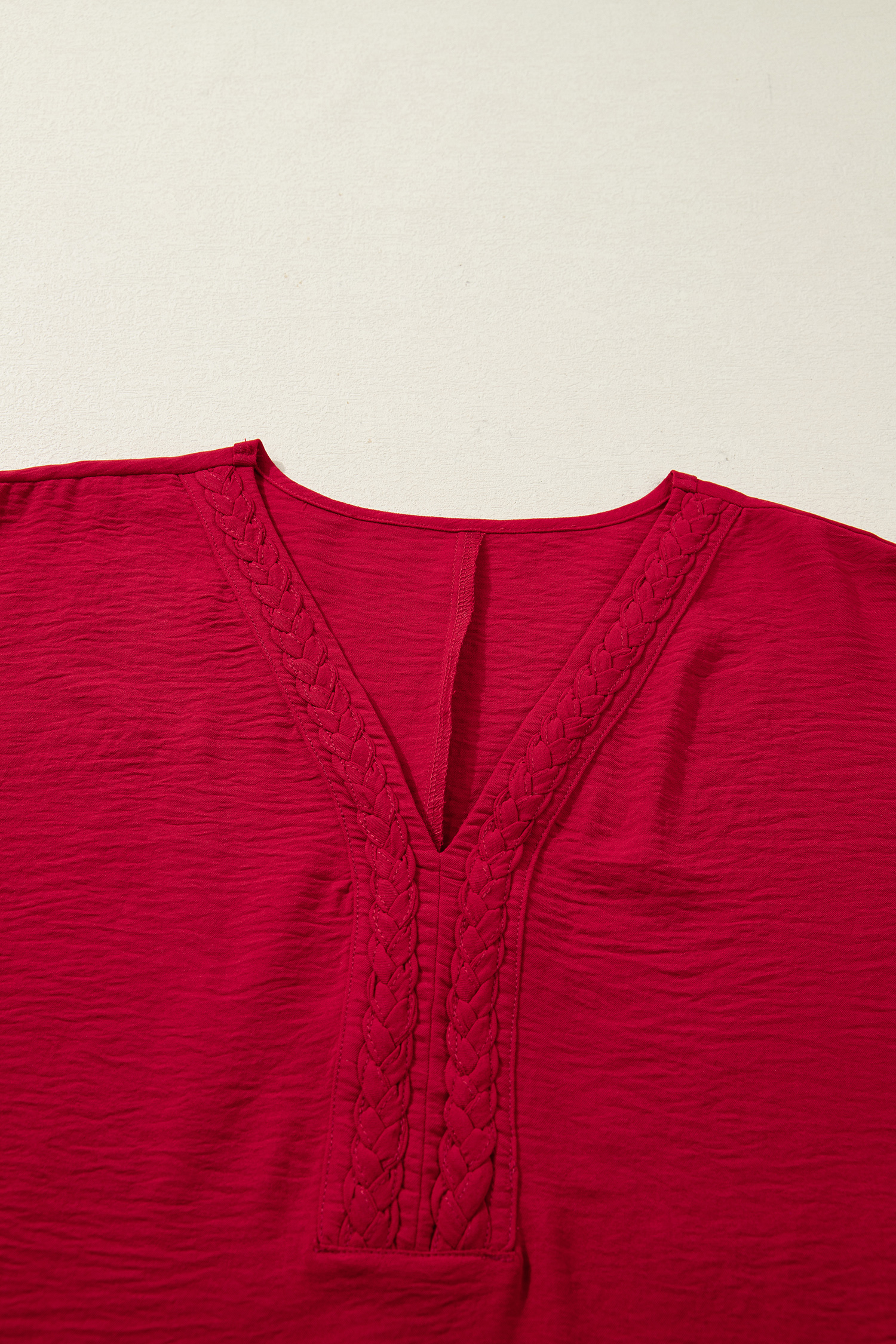 Racing Red Braided Trim V Neck Half Sleeve Blouse - loveforevers