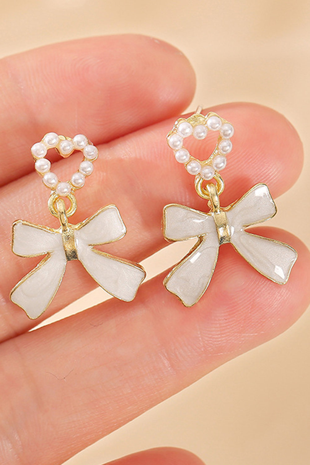 Gold Pearled Heart Shape Bow Knot Dangle Earrings - loveforevers
