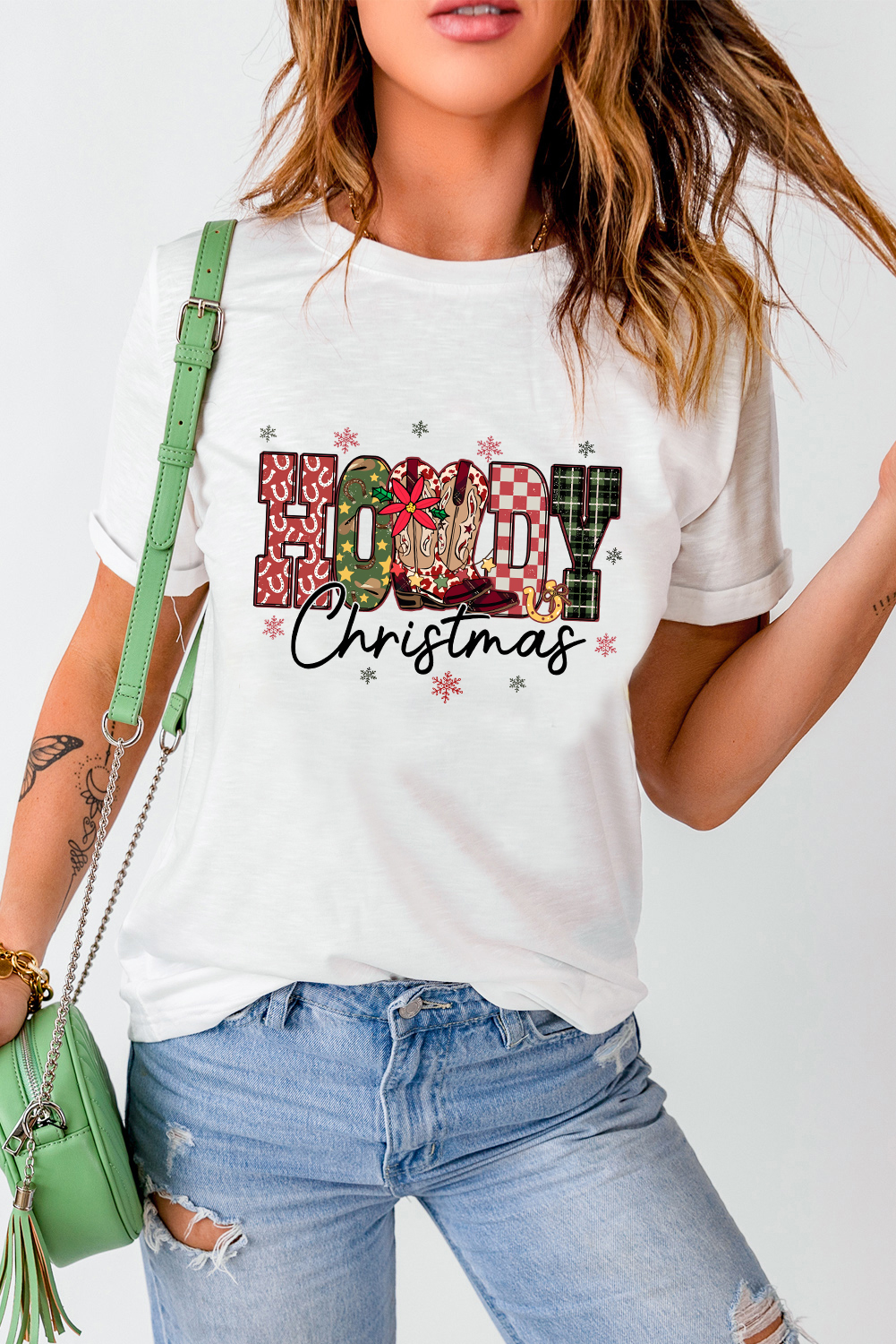 White Western HOWDY Christmas Festive Letter Printed Crew Neck T Shirt - loveforevers