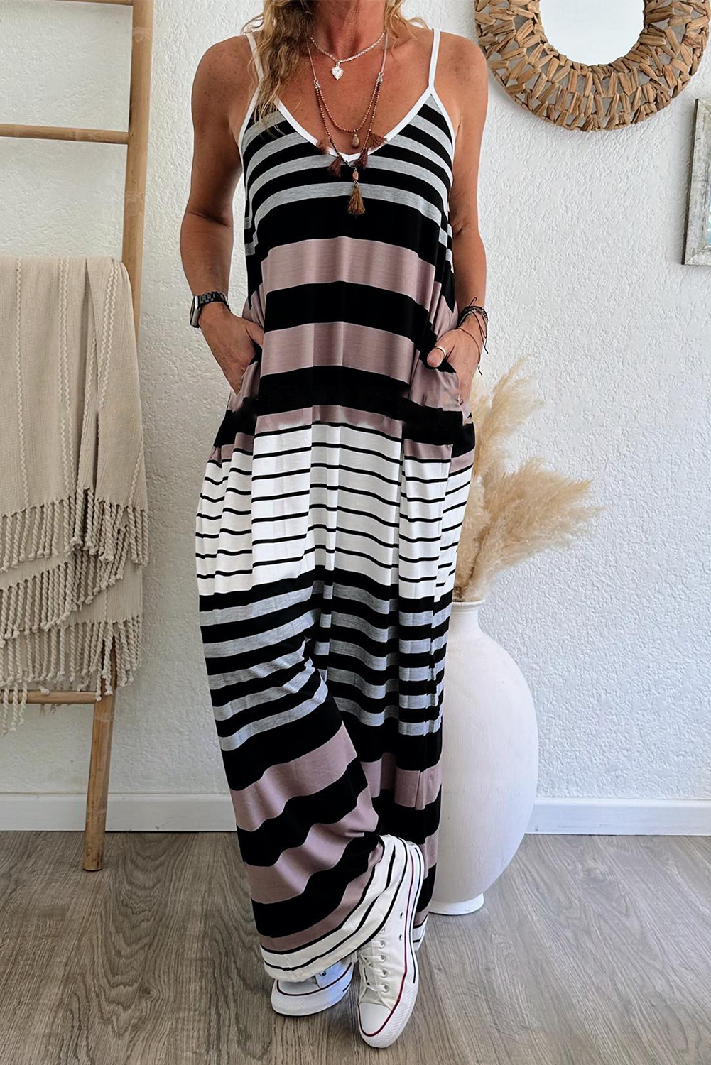 Multicolour Mixed Stripes Spaghetti Straps V Neck Maxi Dress - loveforevers