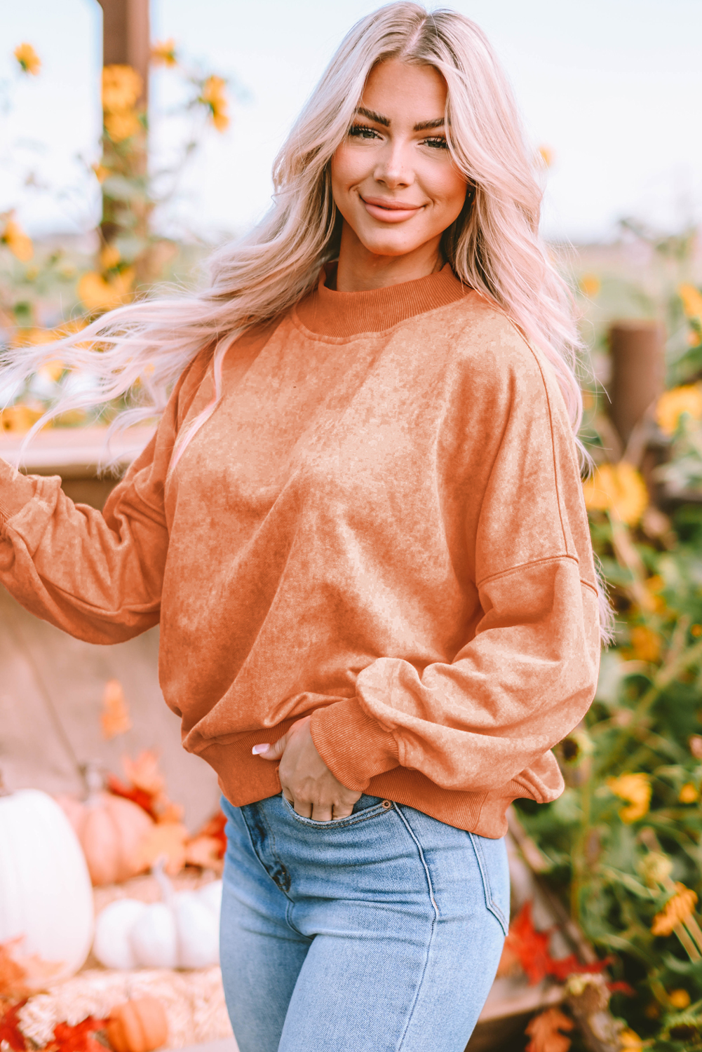Brown Drop Shoulder Crew Neck Pullover Sweatshirt - loveforevers