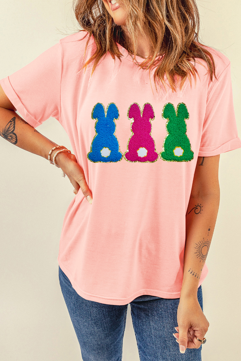 Pink Easter Bunny Chenille Patched Graphic Tee - loveforevers