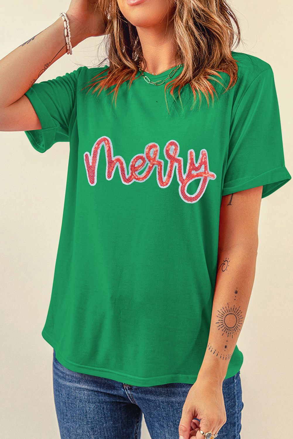 Bright Green merry Sequin Letter Graphic Cotton Blend Tee - loveforevers