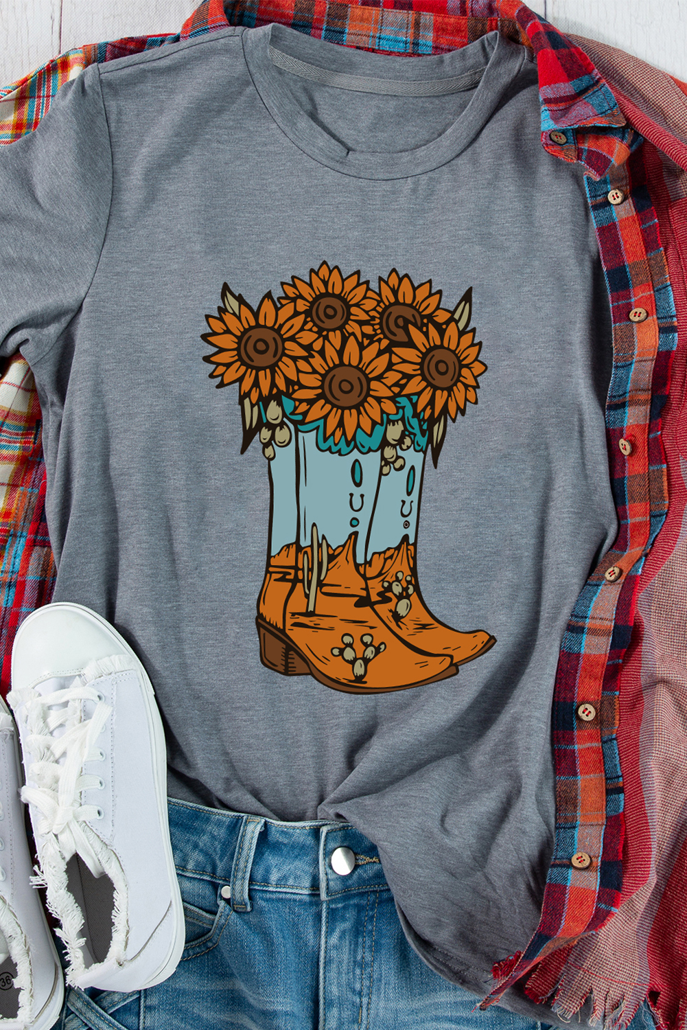 Gray Sunflower Cowgirl Boots Print Western Fashion T Shirt - loveforevers