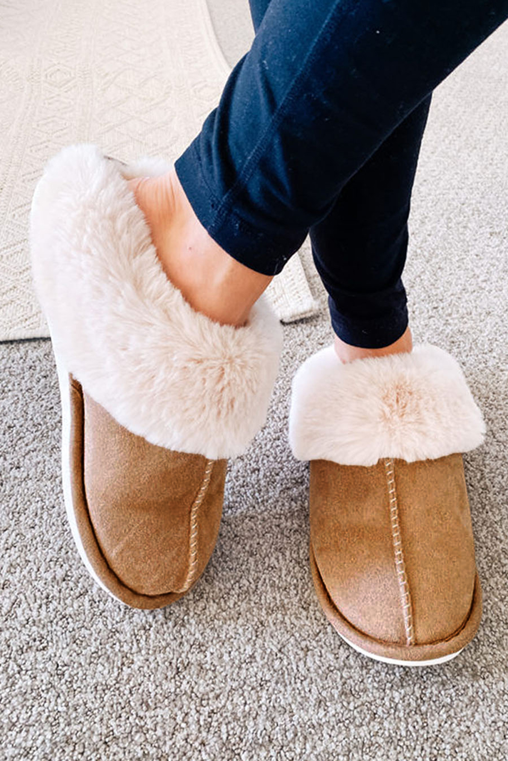 Khaki Cut and Sew Faux Suede Plush Lined Slippers - loveforevers