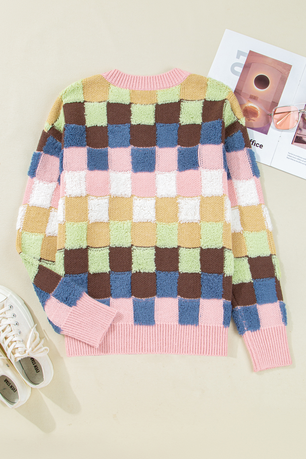 Multicolour Plush Checkered Pattern Button Front Cardigan Sweater - loveforevers