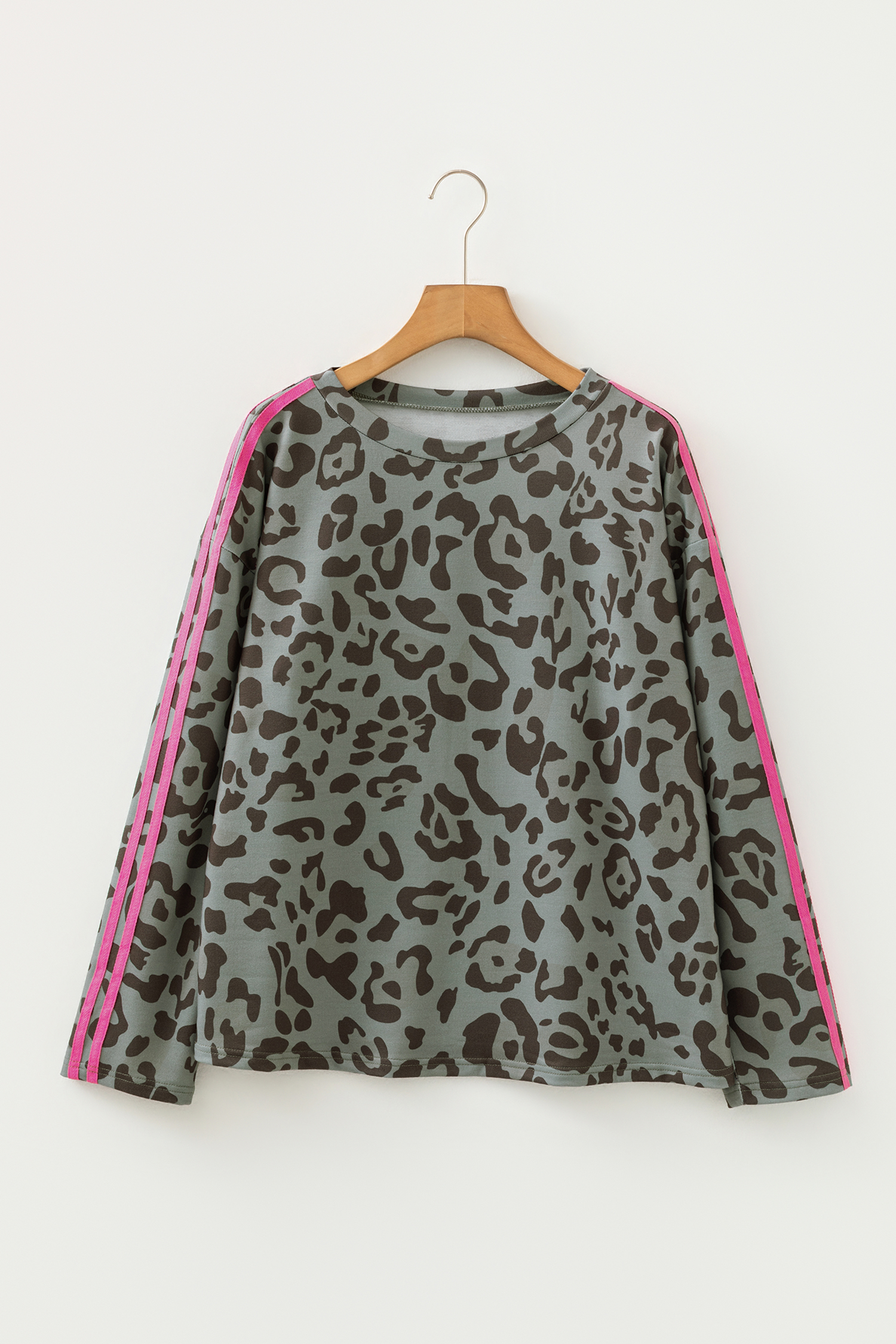 Gray Leopard Print Varsity Striped Trim Long Sleeve Top - loveforevers