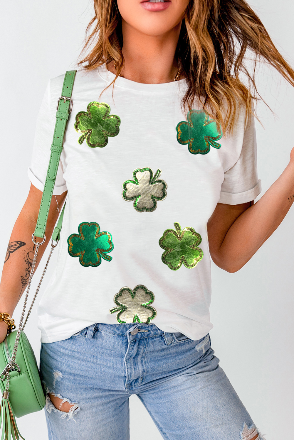 White St.Patrick Clover Crew Neck T Shirt - loveforevers