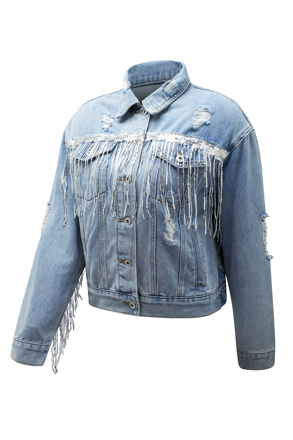 Sky Blue Sequin Embellished Fringe Distressed Denim Jacket - loveforevers