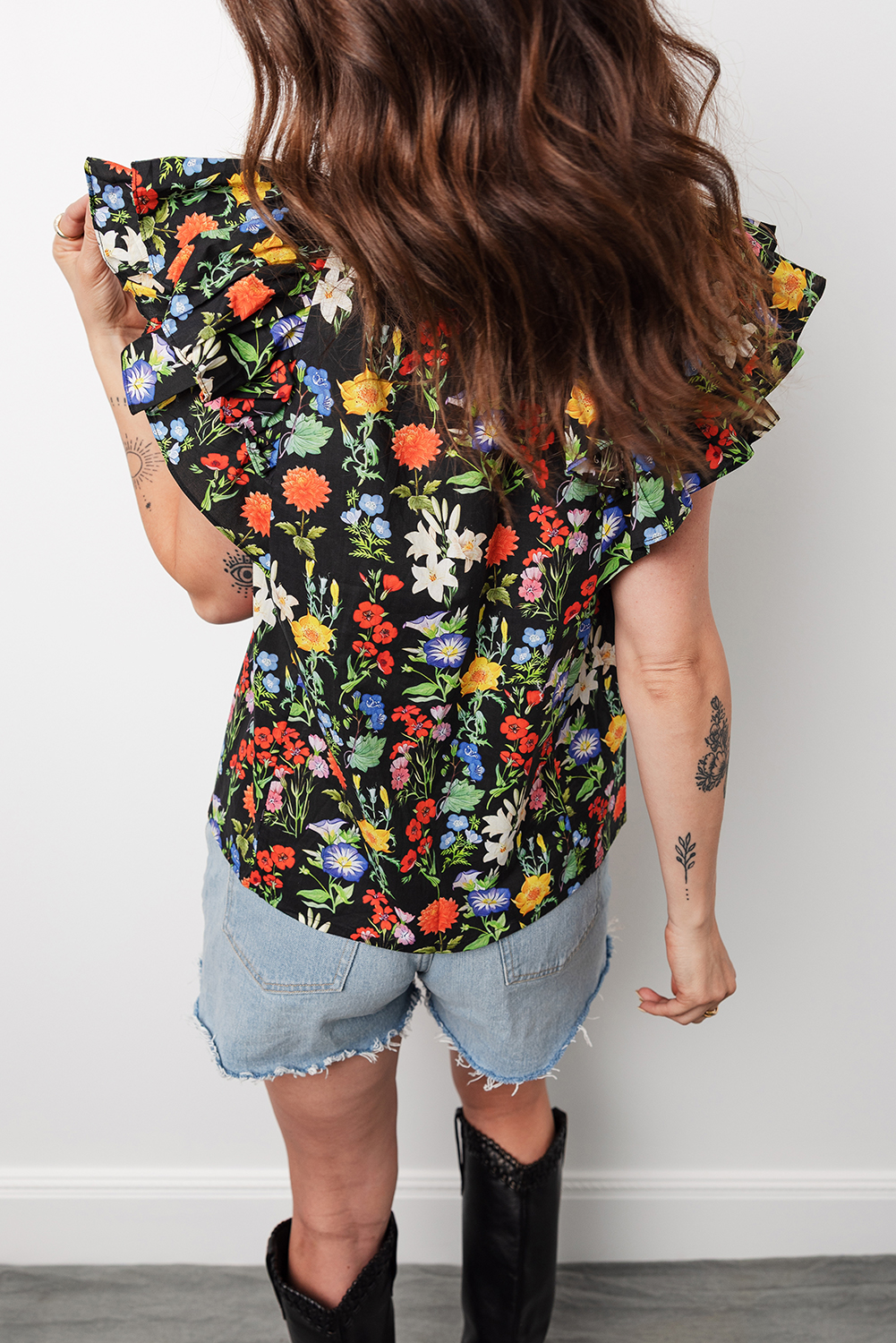 Black Tiered Flutter Sleeve V Neck Flower Blouse - loveforevers