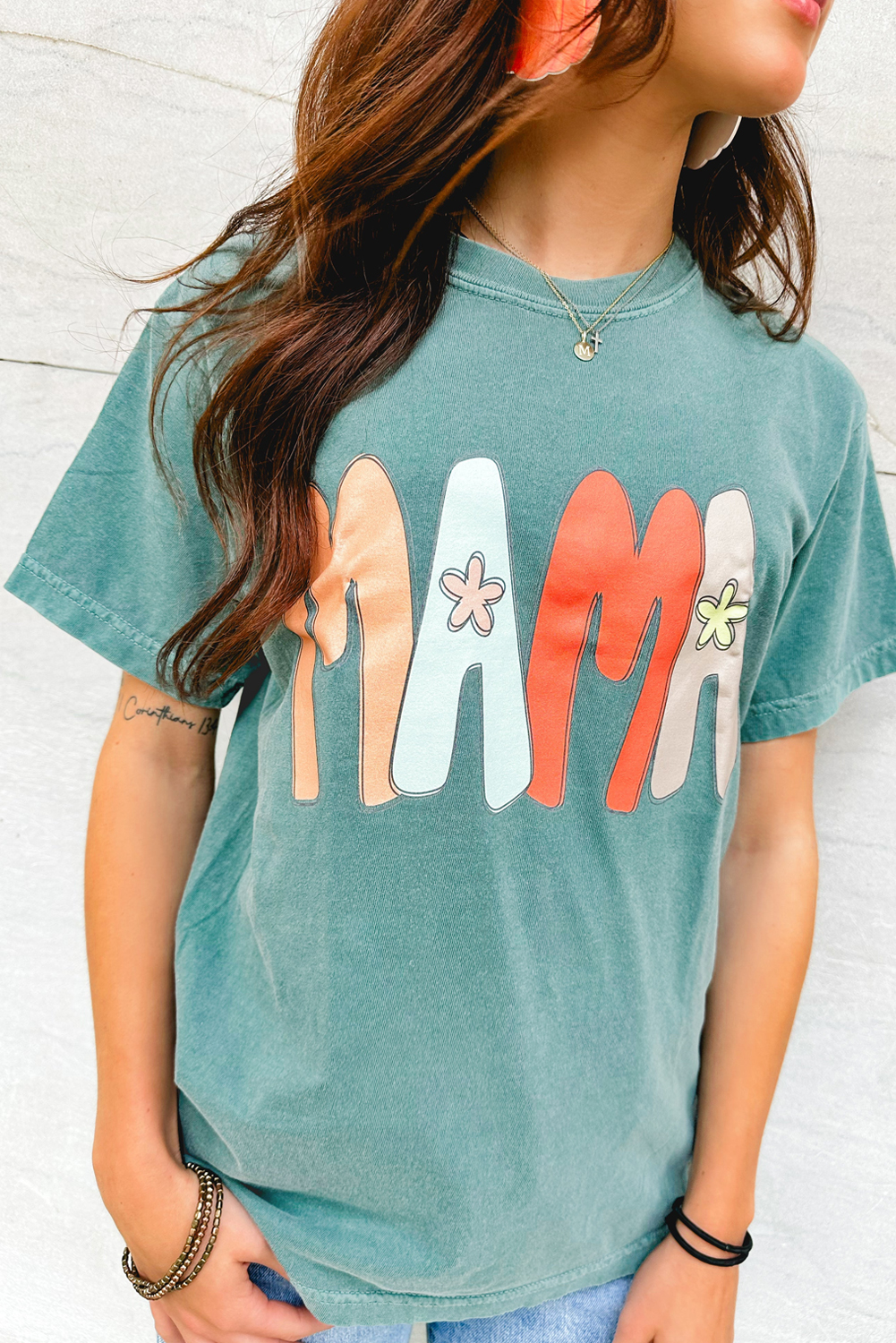 Sea Green MAMA Printed Mineral Wash Crewneck T Shirt - loveforevers