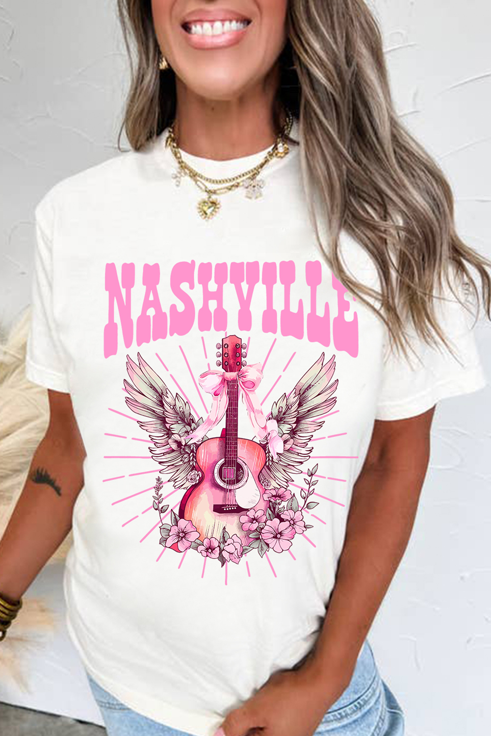 White NASHVILLE Guitar Graphic Music Festival T Shirt - loveforevers