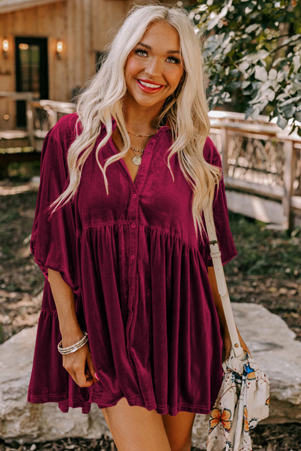Burgundy 3/4 Sleeve Tunic Babydoll Velvet Shirt - loveforevers