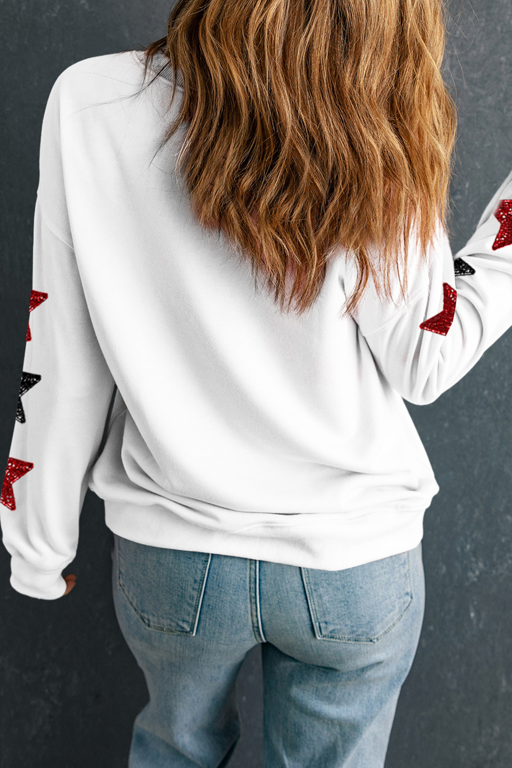 Beige Sequined Touch Down Graphic Star Drop Shoulder Sweatshirt - loveforevers