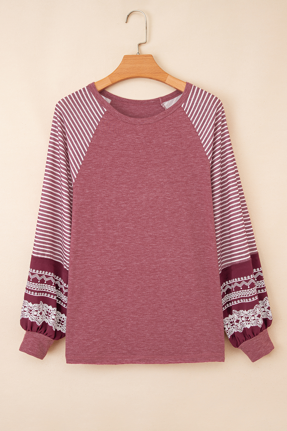 Tillandsia Purple Contrast Print Striped Raglan Long Sleeve Loose Top - loveforevers