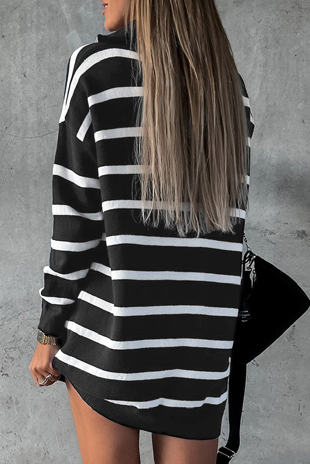 Black Striped O-ring Zip Collared Loose Sweater Mini Dress - loveforevers