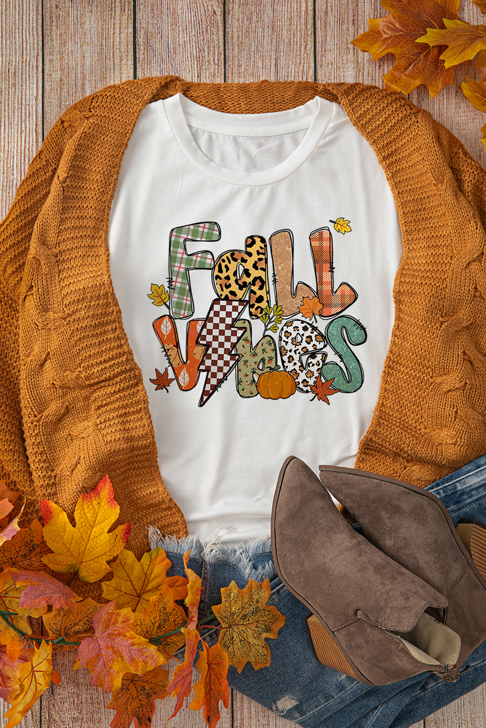 White FALL VIBES Cotton Blend Casual T Shirt - loveforevers