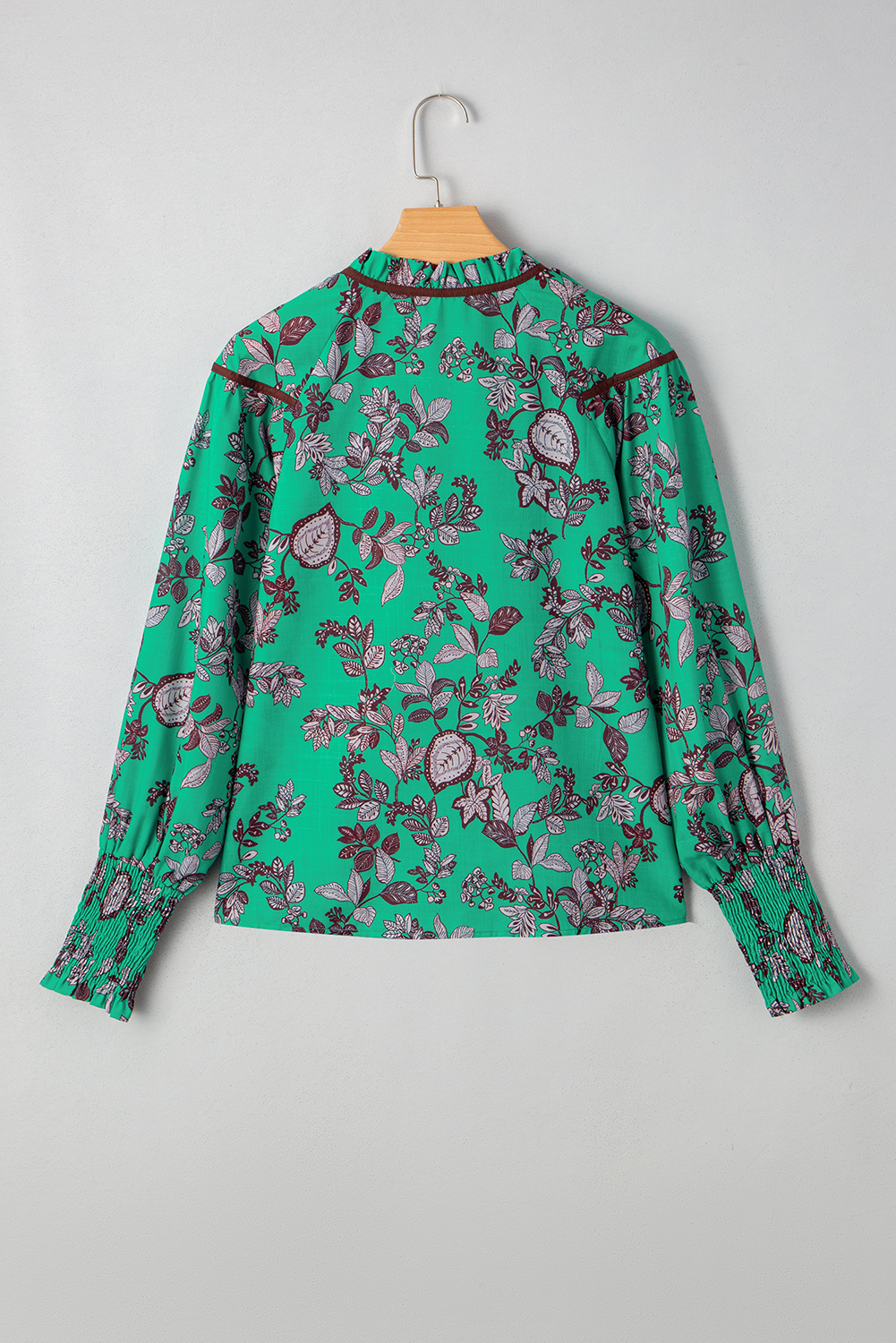 Green Leaves Print Contrast Trim V Neck Shirred Puff Sleeve Blouse - loveforevers