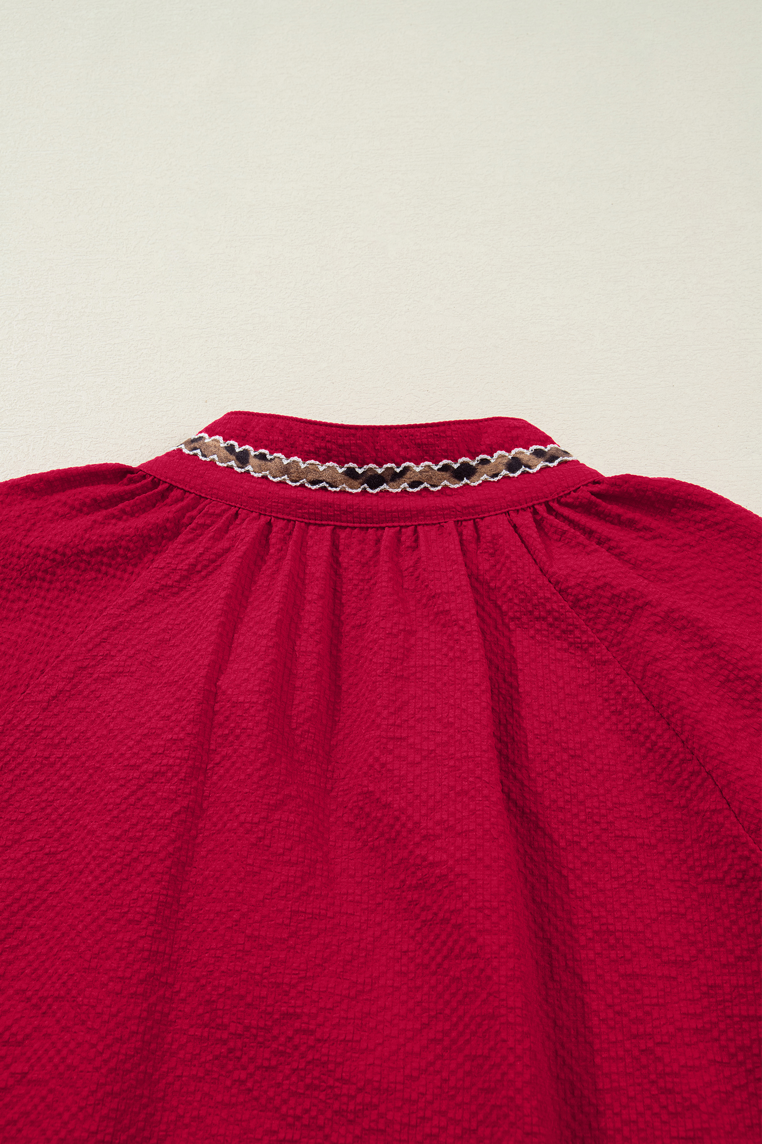 Racing Red Leopard Jacquard Print V Neck Textured Blouse - loveforevers