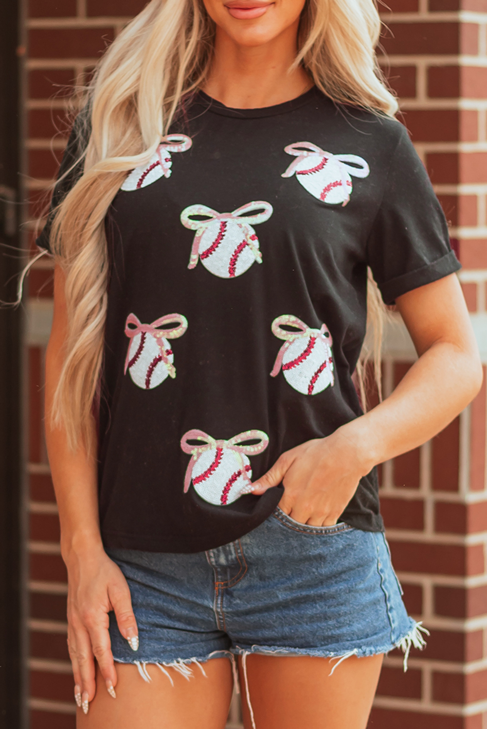 Black Shimmering Sequin Bow Ball Patterned Game Day Casual Tee - loveforevers