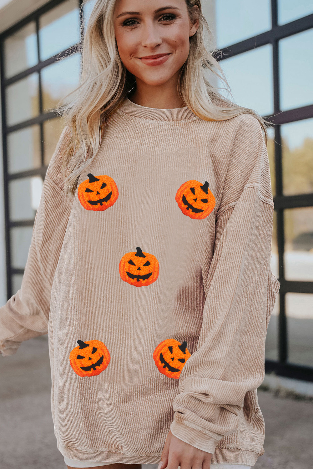 Apricot Twisted Rib Texture Chenille Halloween Pumpkin Patched Drop Shoulder Sweatshirt - loveforevers