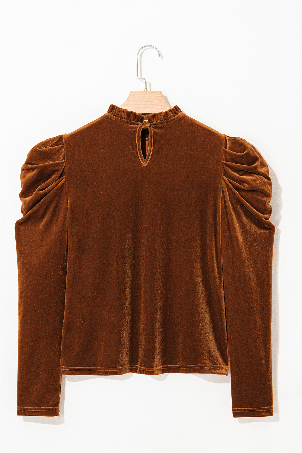 Chestnut Frilled Collar Puff Sleeve Velvet Top - loveforevers