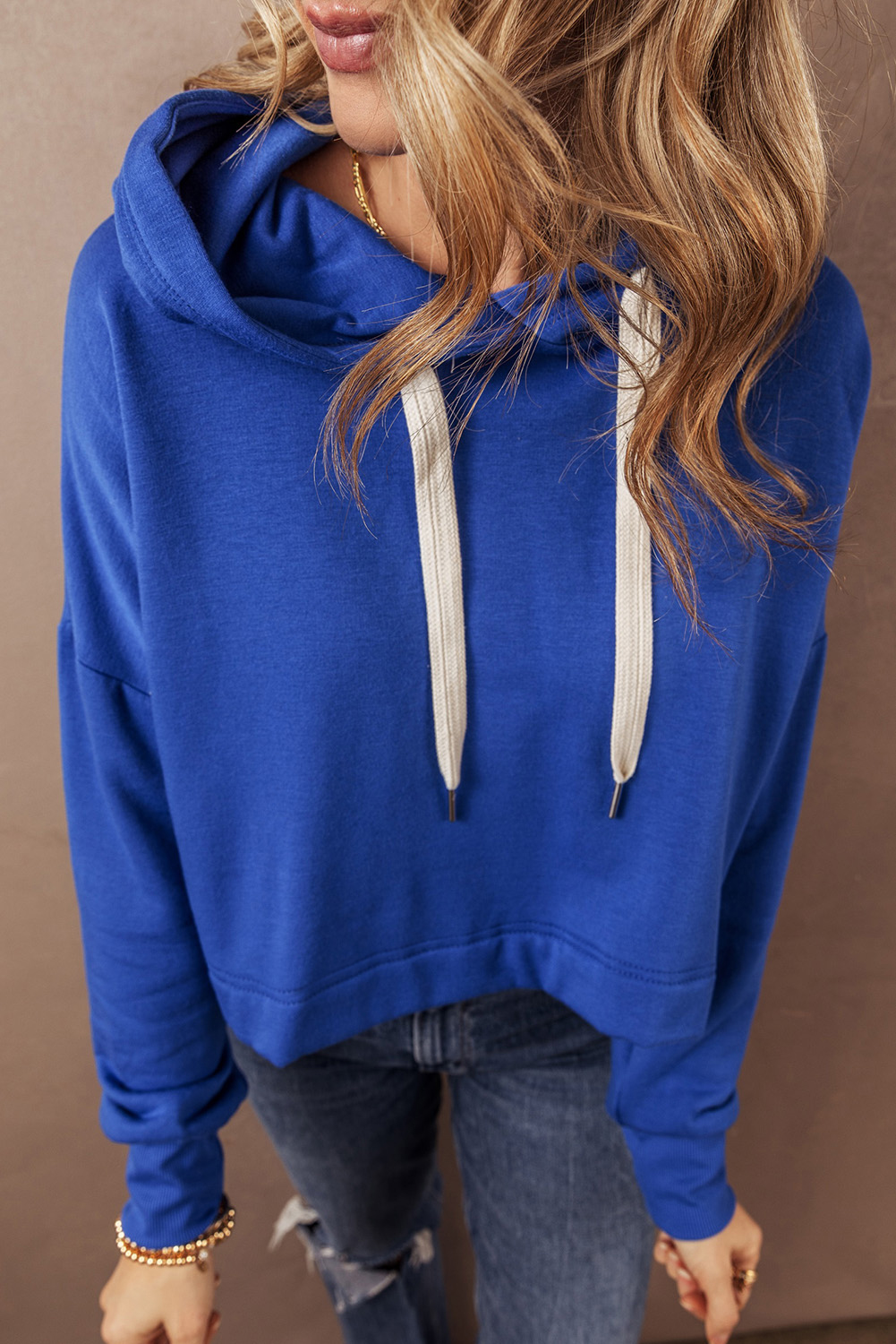 Black Solid Drop Shoulder Drawstring Cropped Hoodie - loveforevers
