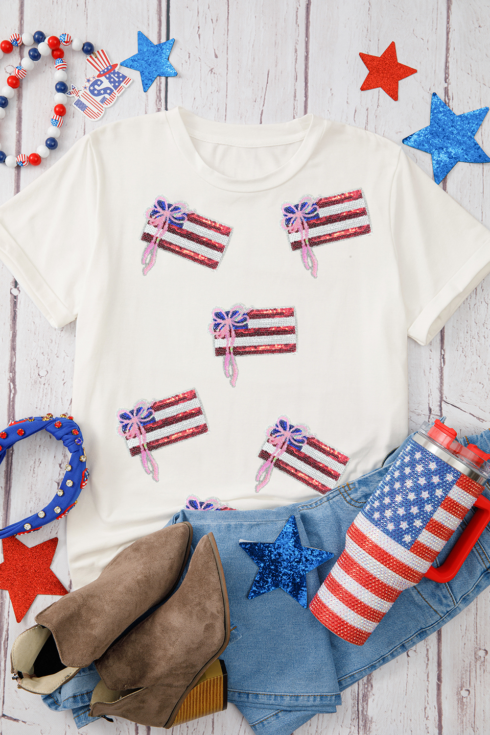 White Sequin Bow American Flag Patched T Shirt - loveforevers