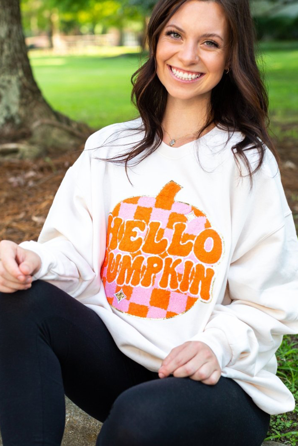 White Terry Halloween Pumpkin Patched Pattern Pullover Sweatshirt - loveforevers