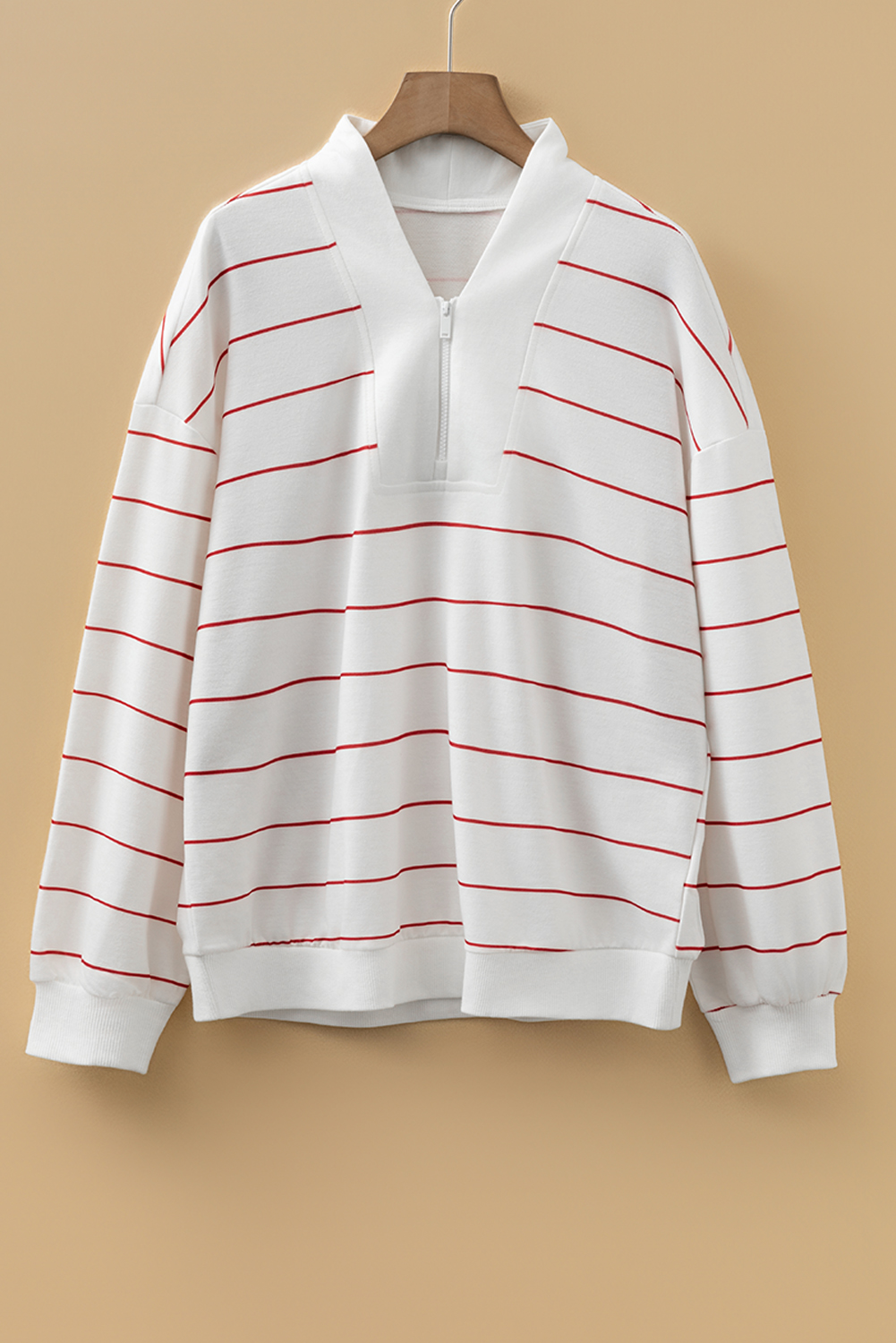 White Zip V Neck Casual Stripe Print Drop Shoulder Long Sleeve Top - loveforevers
