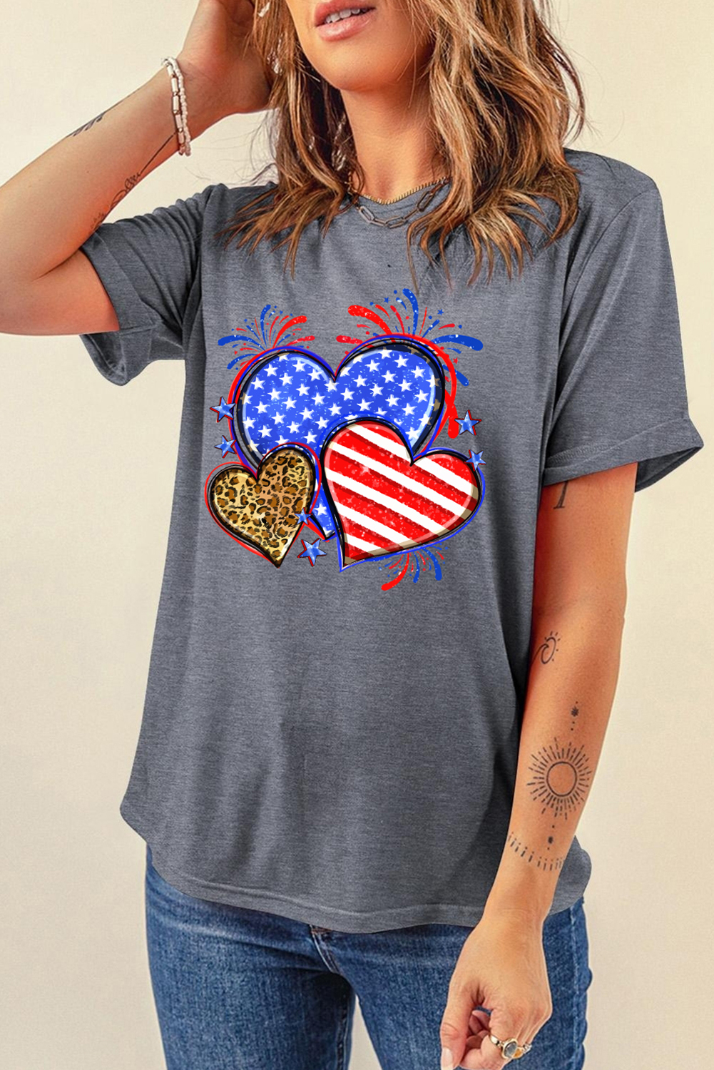 Gray American Heart July 4th Celebration Graphic T Shirt - loveforevers