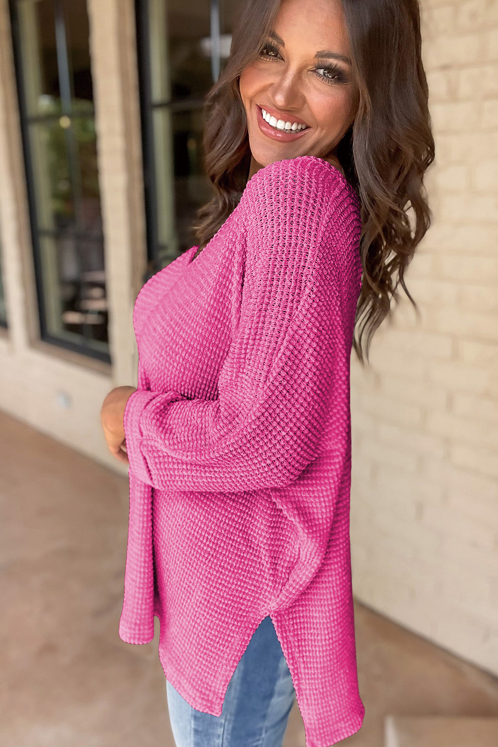 White Waffle Knit Side Slits Loose Fit V Neck Top - loveforevers