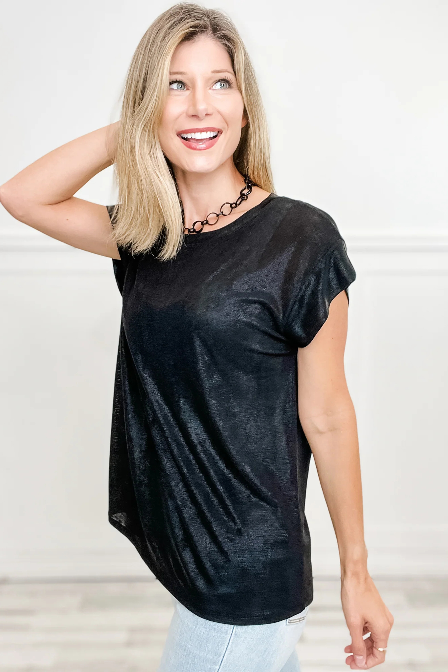 Black Metallic Round Neck Cap Sleeve Tee - loveforevers