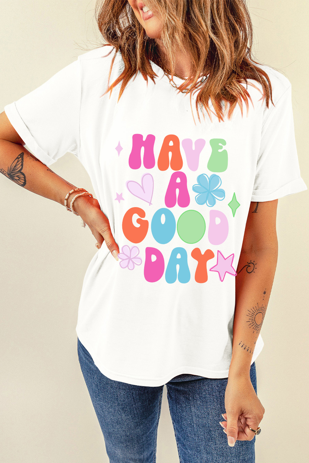 White HAVE A GOOD DAY Print Graphic Casual Tee - loveforevers