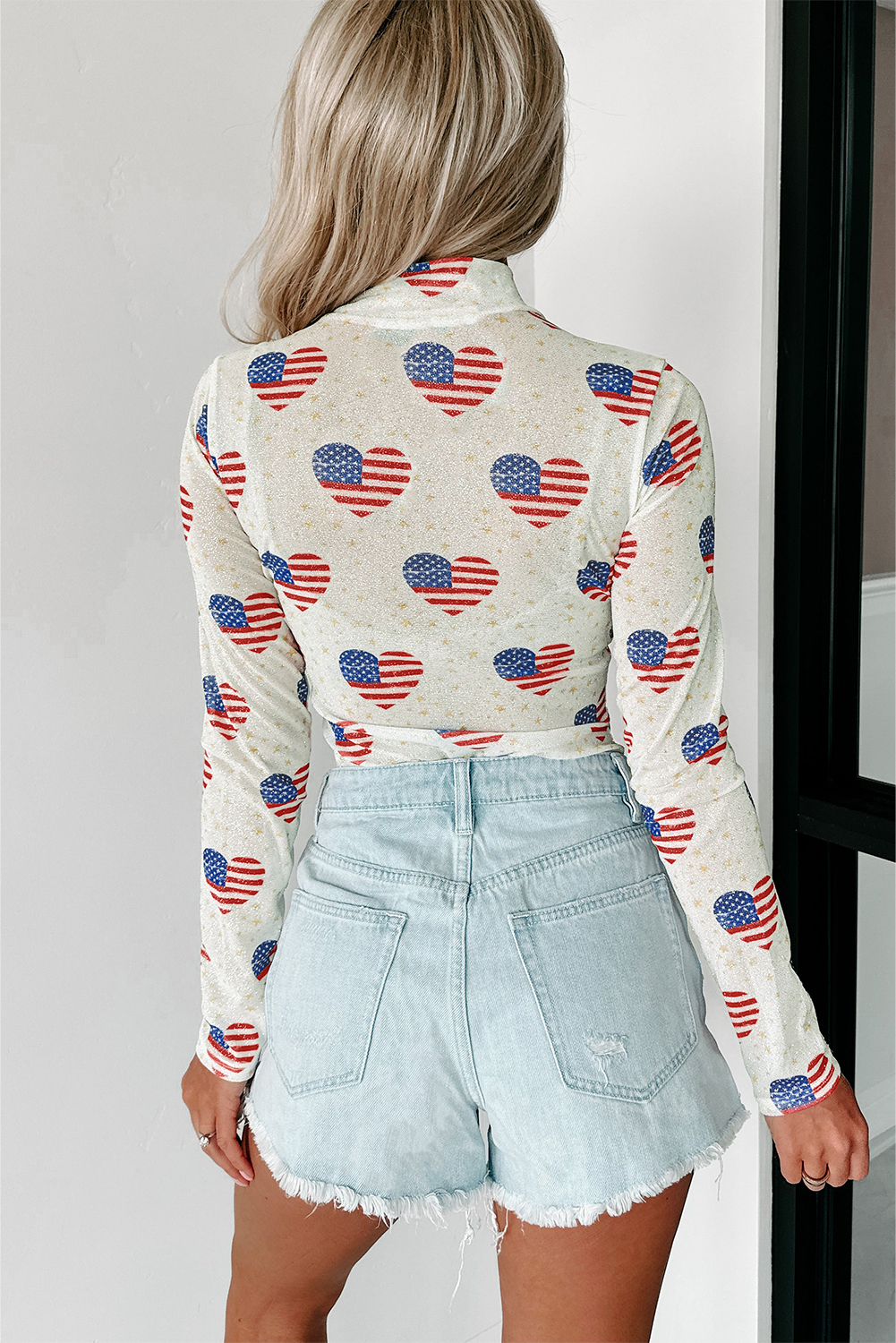 White Americana Glitter Mesh Long Sleeve Bodysuit - loveforevers