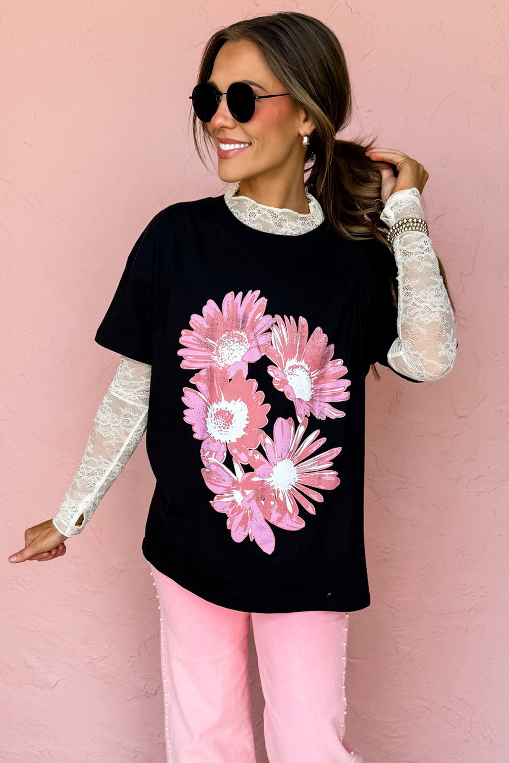 Black Pink Daisy Flower Printed Cotton Blend T Shirt - loveforevers