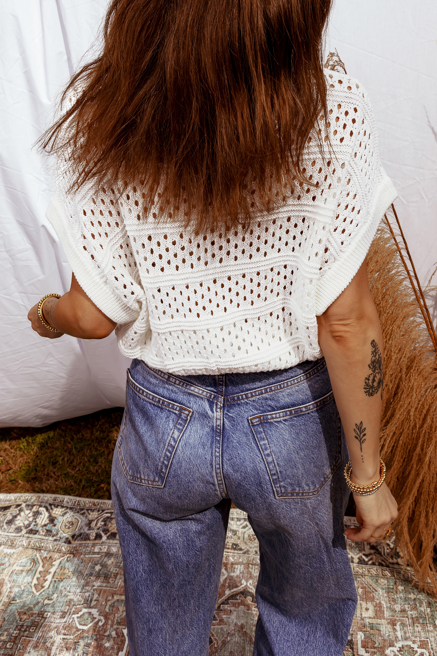 White Hollow Out Knit Round Neck Dolman Sweater - loveforevers