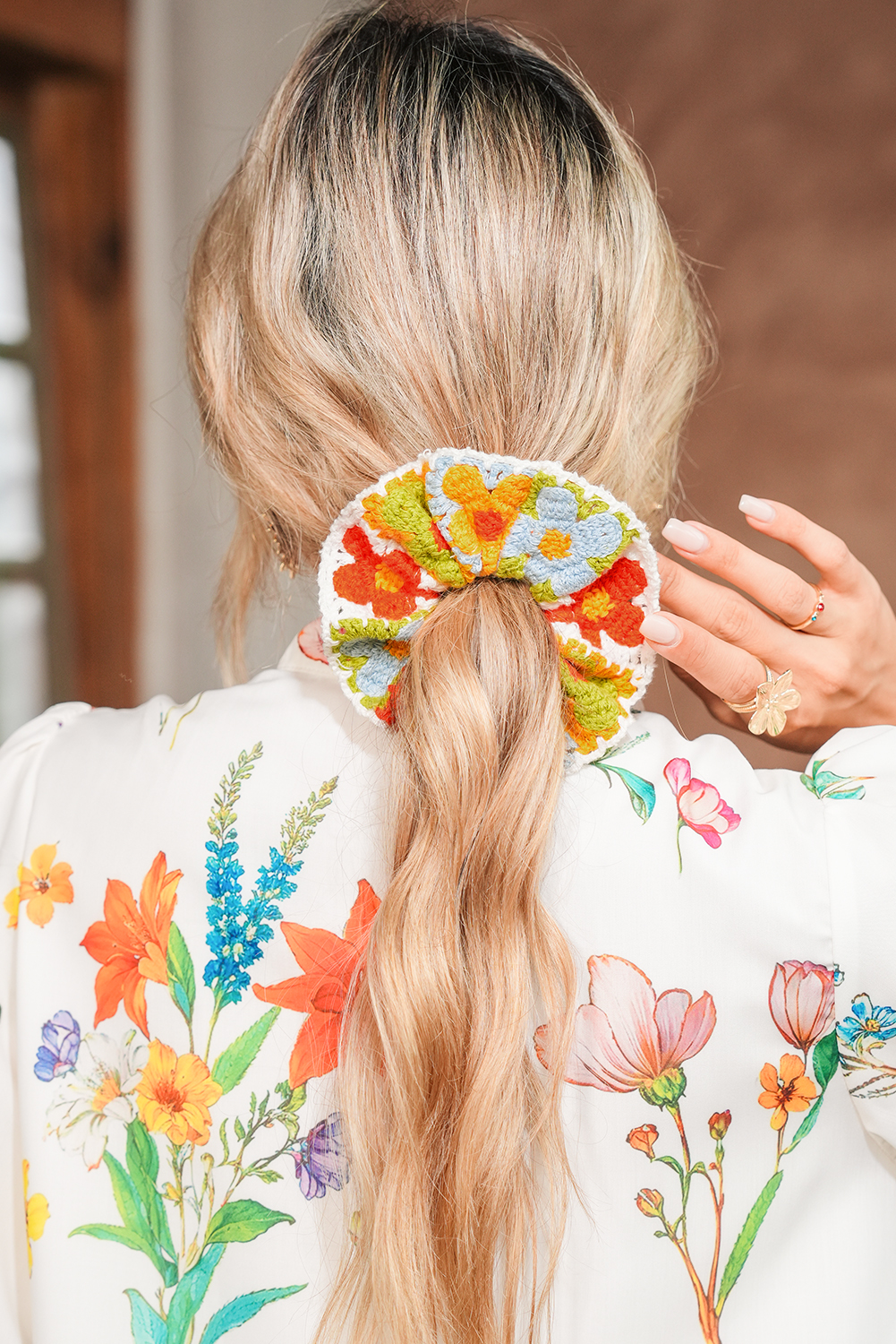 Yellow Bohemian Style Flower Crochet Scrunchy Hair Tie - loveforevers