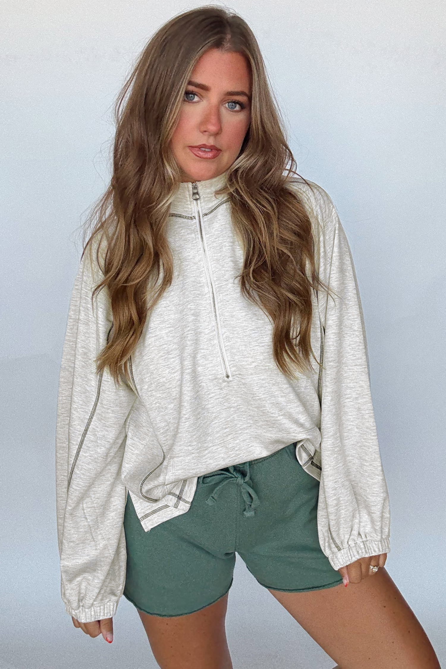 Light Grey Half Zip Stand Neck Seam Detail Long Sleeve Top - loveforevers