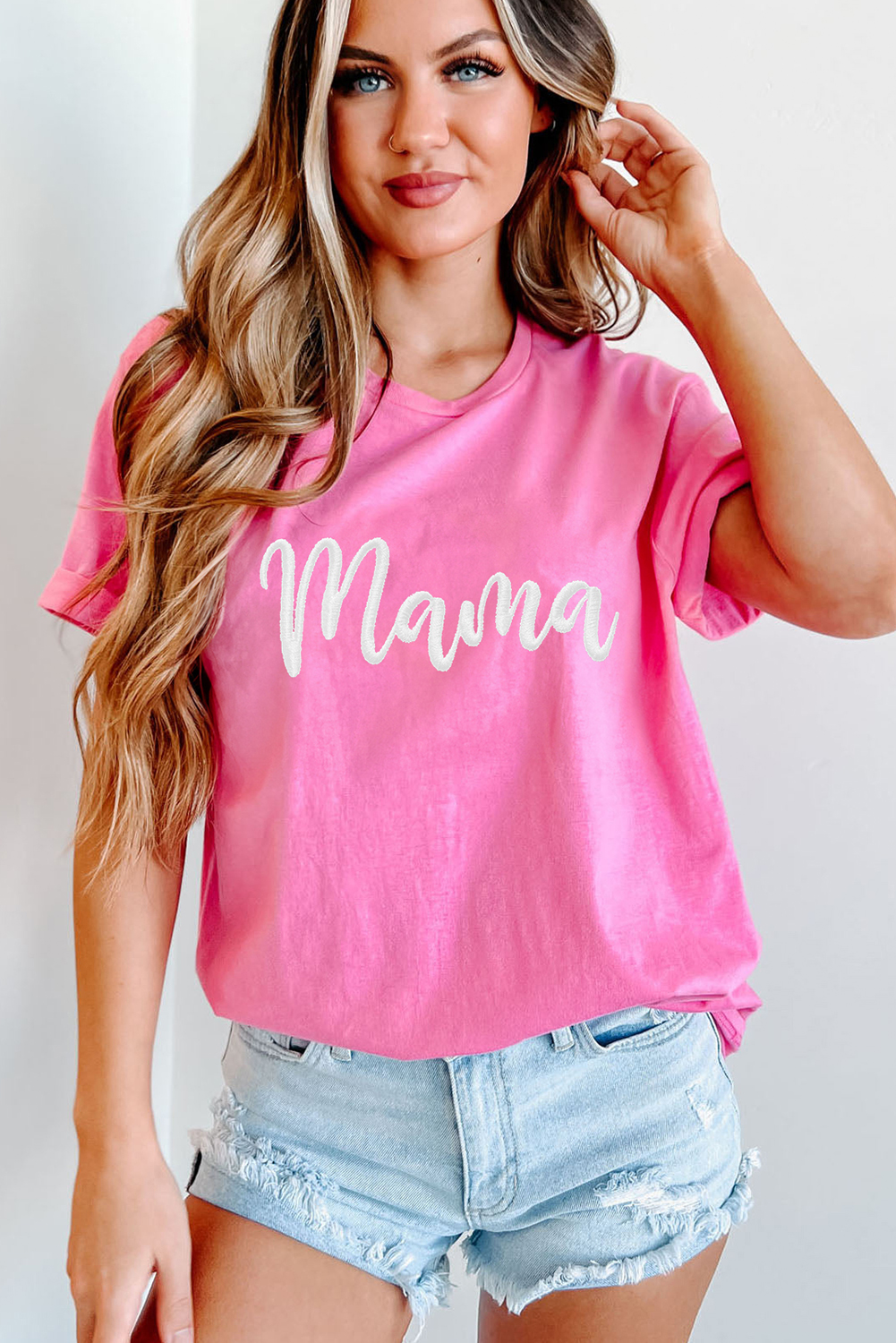 Sachet Pink mama Embroidered Graphic Crewneck Mothers Day T Shirt - loveforevers