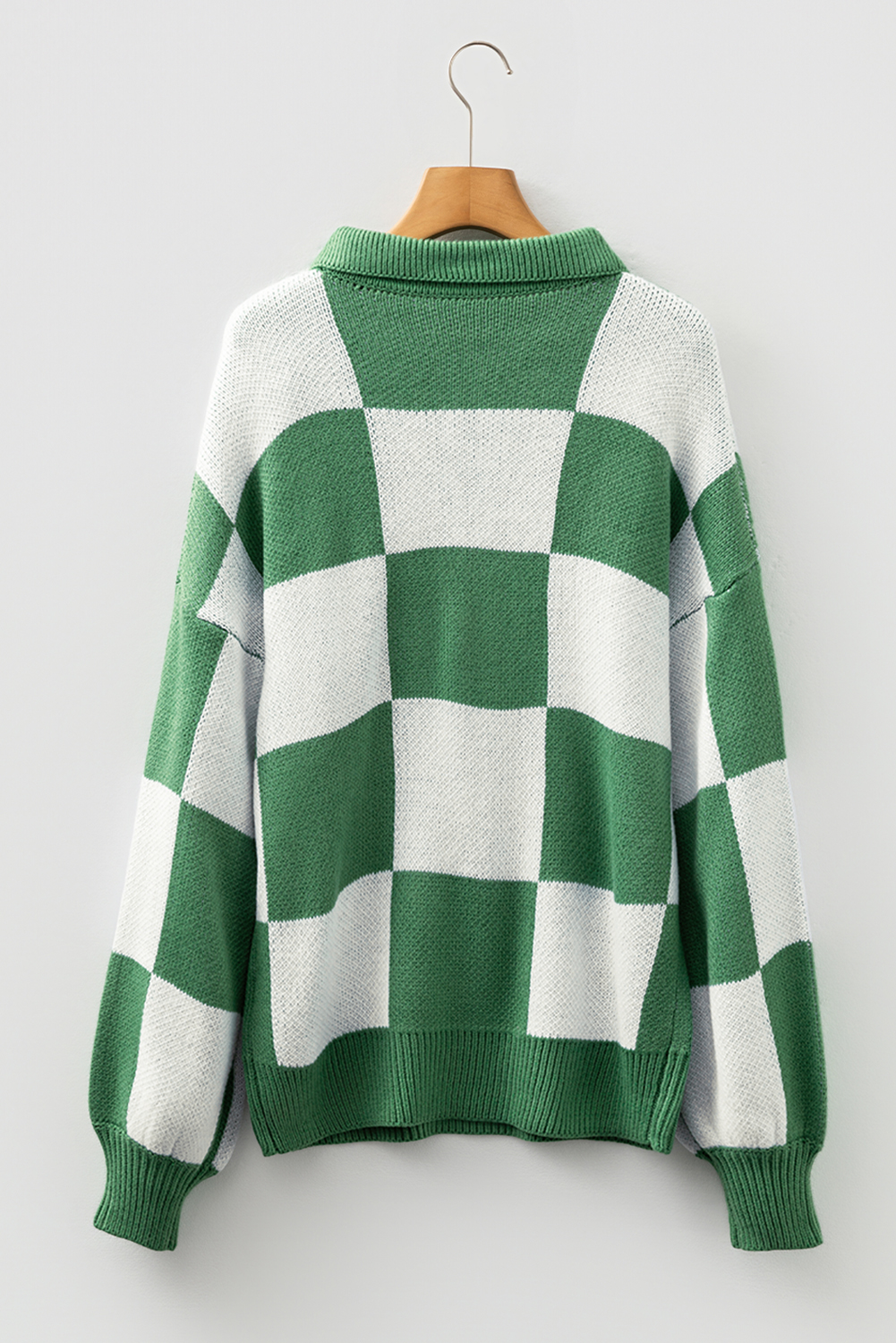 Mist Green Checkered Pattern Polo Collar Loose Sweater - loveforevers
