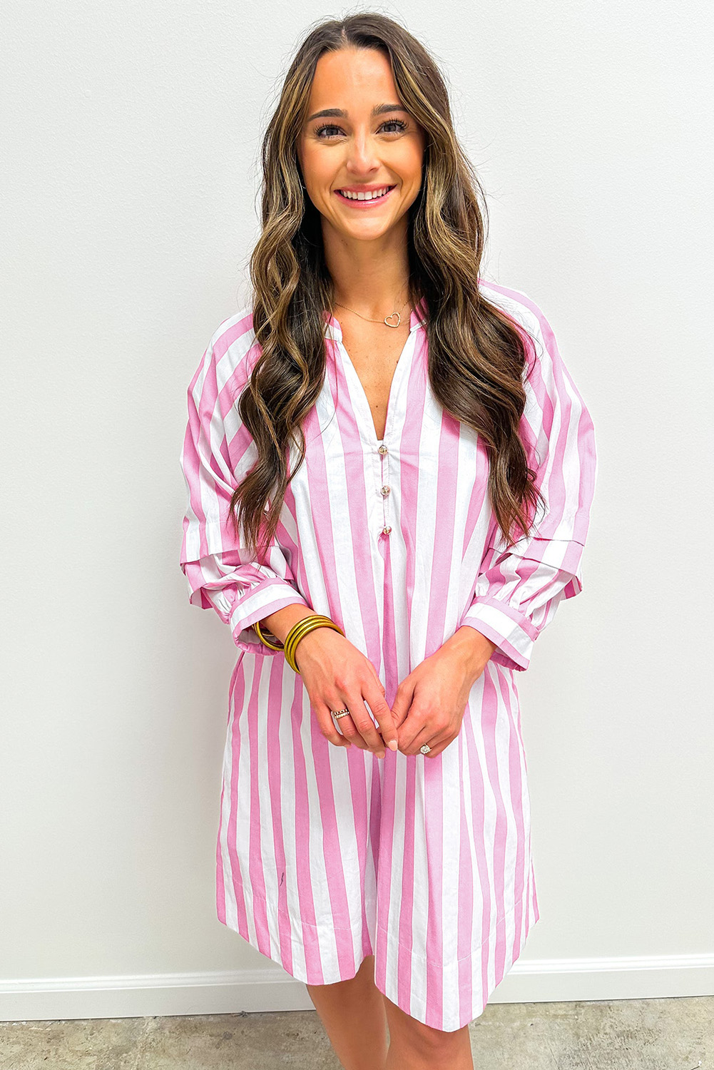 Rose Stripe Bracelet Sleeve Buttons Loose Mini Dress - loveforevers