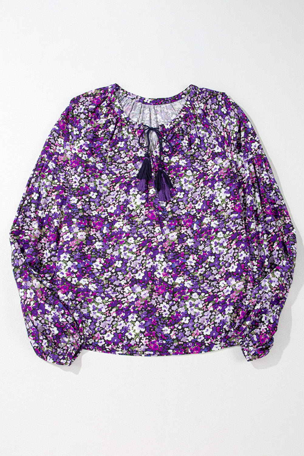 Purple Boho Flower Split V Neck Bubble Sleeve Blouse - loveforevers
