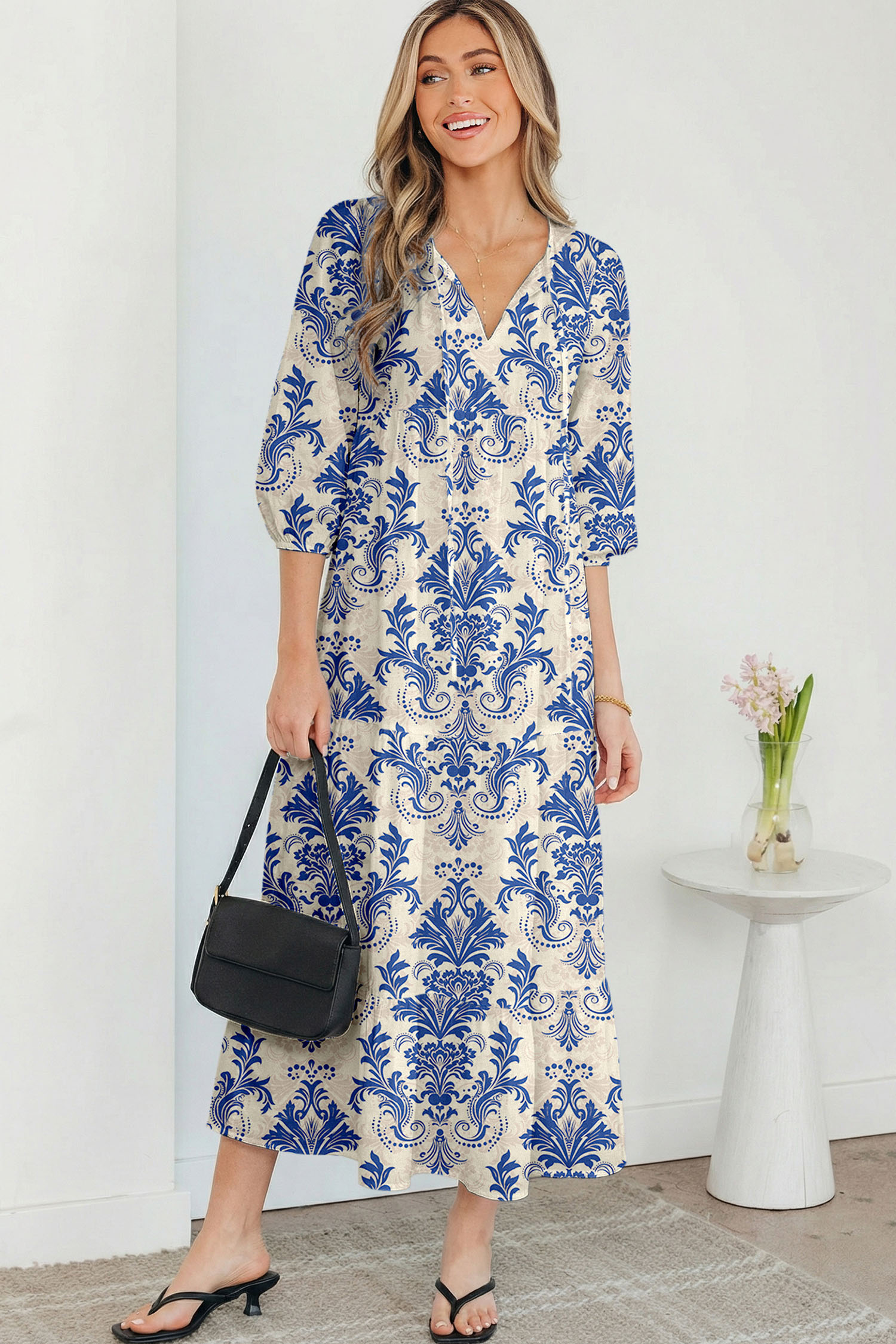 Sky Blue Boho Printed Half Sleeve Maxi Dress - loveforevers