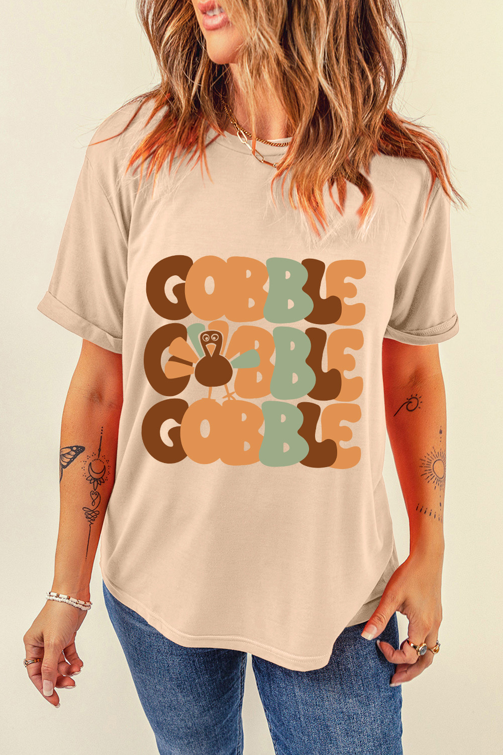Khaki GOBBLE Turkey Print Thanksgiving Fashion Tee - loveforevers